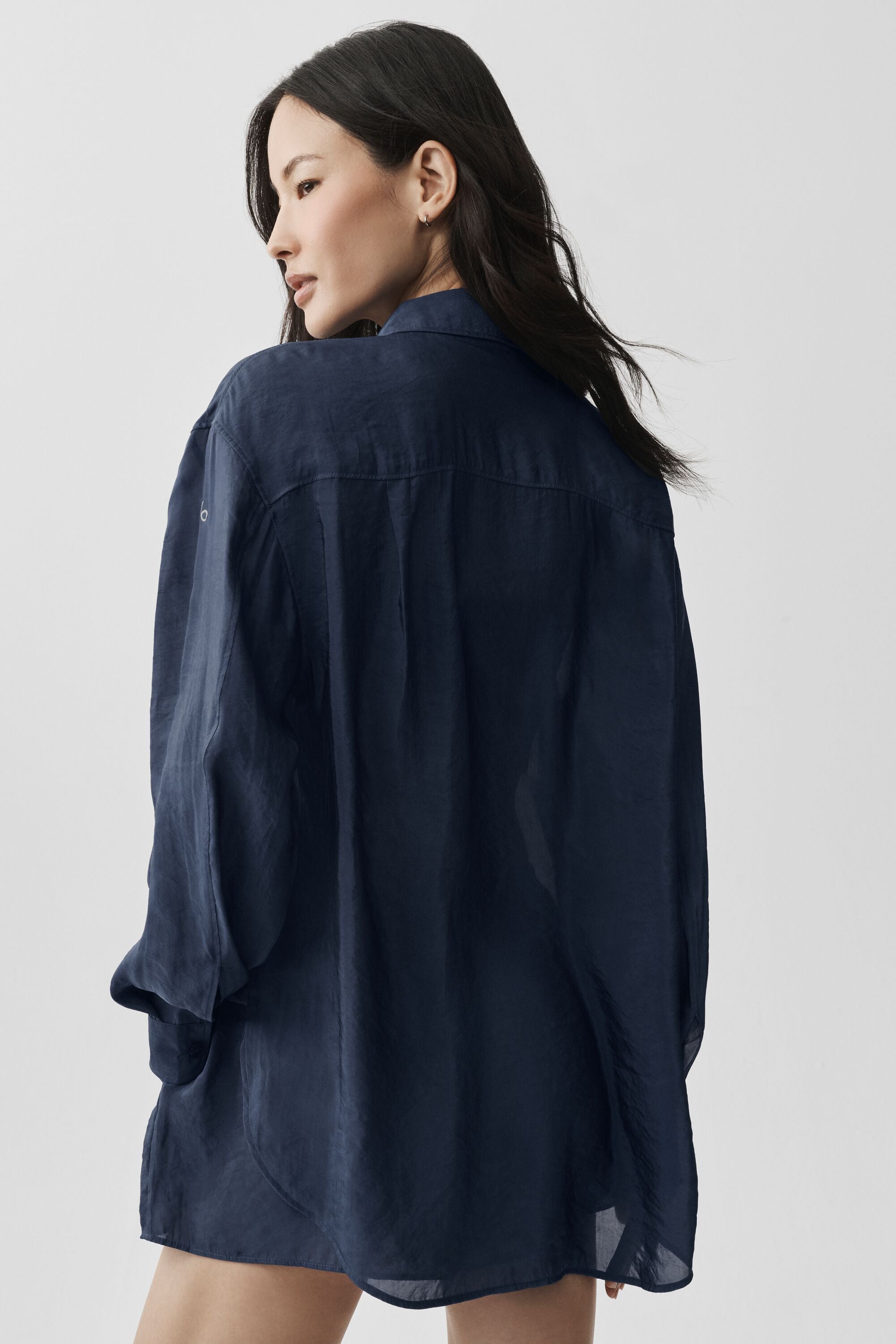 Women's Semi-Sheer Button Down Long Sleeve Yoga Cover-Up - Flowy Lightweight Top in Navy