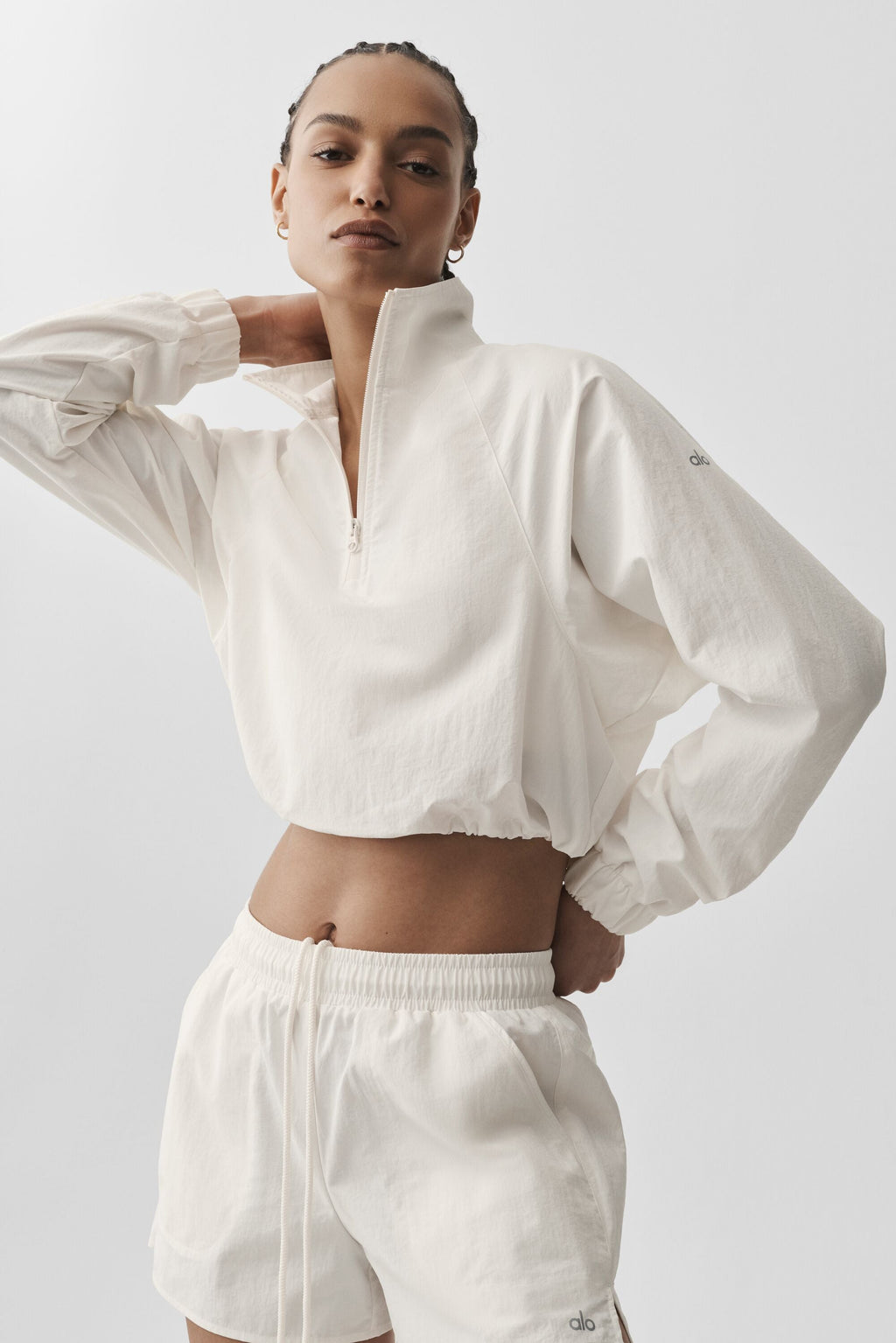 Women's Cropped Quarter Zip Pullover - Soft Yoga Sweatshirt Athletic Coverup in Ivory
