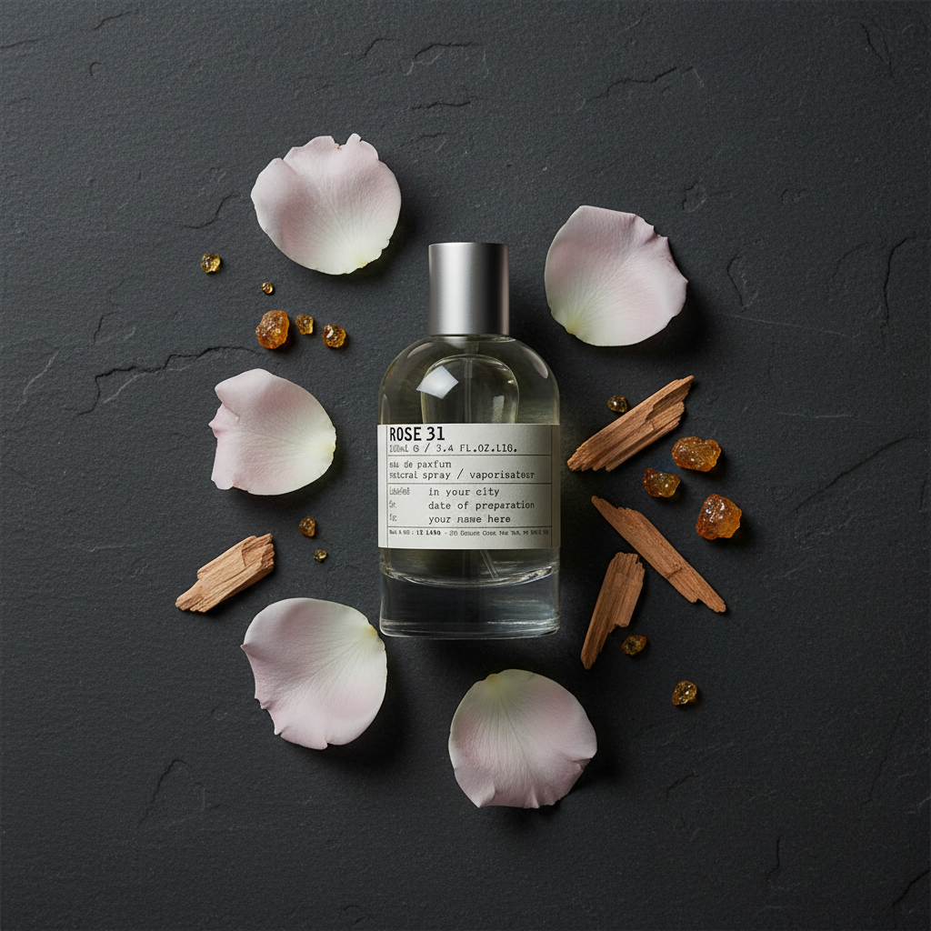 Le Labo Rose 31 flat lay with rose petals and cedar on dark slate